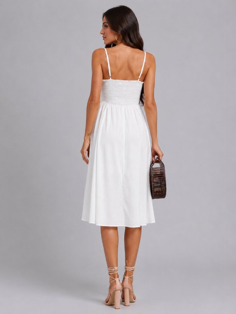 Women’s White Cotton Tie Front Button Down A-Line Midi Dress Spaghetti Strap - Picture 2 of 4